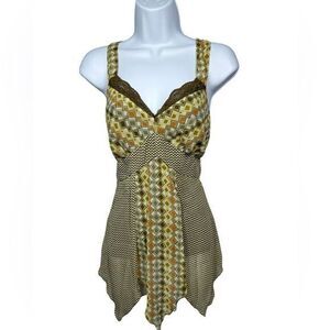 Vintage Y2K Babydoll Tank Top Size M Yellow Green 70s Vibes Disco‎ Hanky Hem